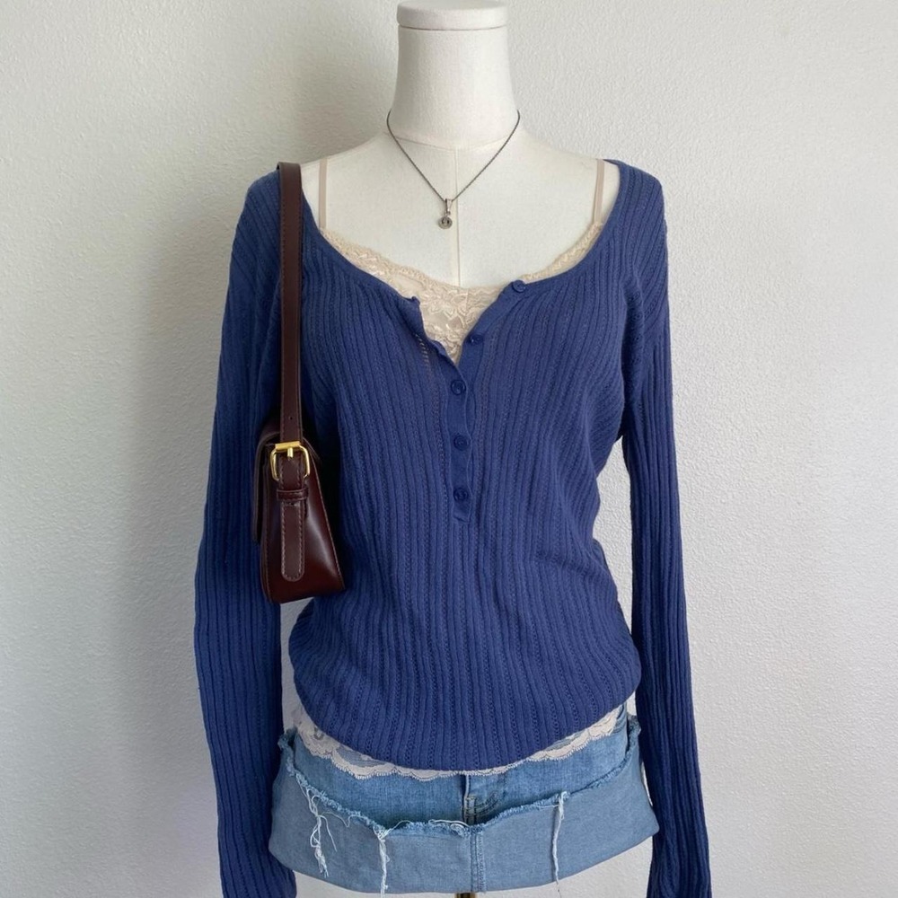 Vintage Y2K Moda International Blue Cotton Henley Long Sleeve Top Casual
